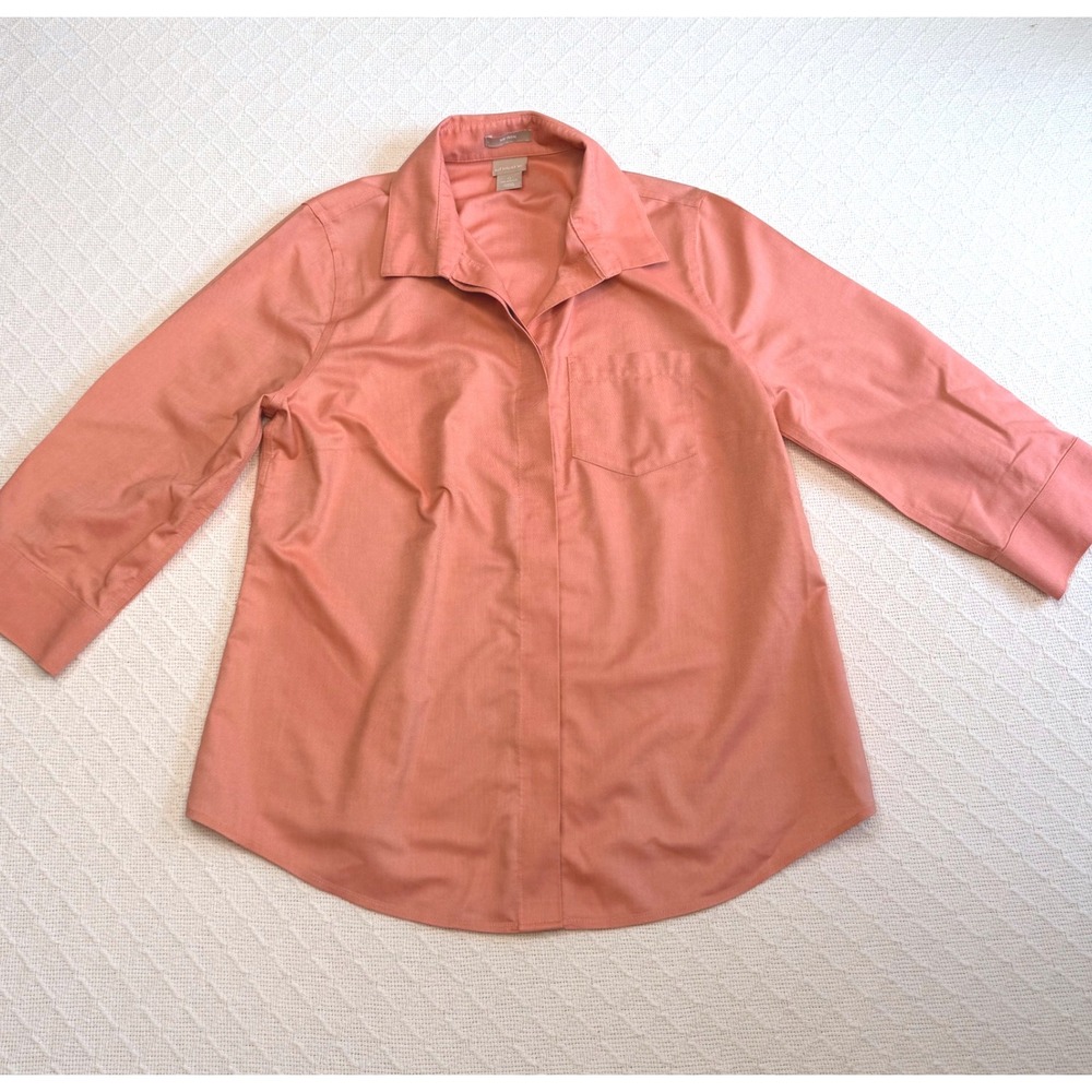 Chico's No Iron Coral Orange 100% Cotton 3/4 Sleeve Button Down Shirt Size S